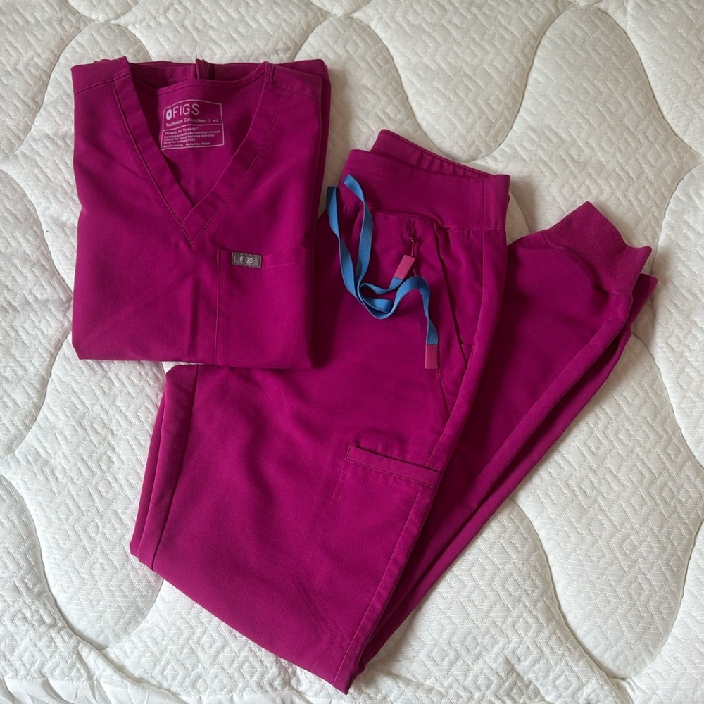 Figs Raspberry Sorbet Scrub Top and Pants with Blue Accent Drawstring